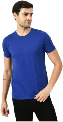 Kavvya Solid Men Round Neck Blue T-Shirt