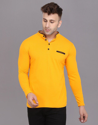 Lawful Casual Solid Men Mandarin Collar Yellow T-Shirt