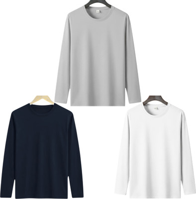 P collection Solid Men Round Neck Silver, White, Navy Blue T-Shirt