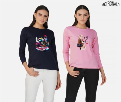 METRONAUT Printed Women Round Neck Navy Blue, Pink T-Shirt