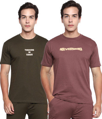 TWF Solid Men Round Neck Dark Green, Brown T-Shirt
