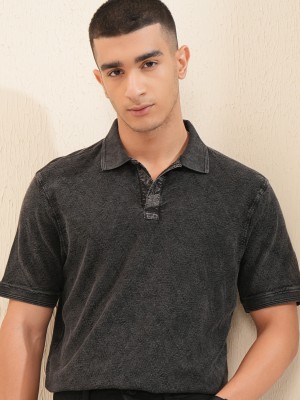 HIGHLANDER Self Design Men Polo Neck Black T-Shirt