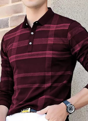 Autna Checkered Men Polo Neck Maroon T-Shirt
