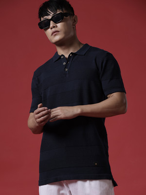 WROGN Solid Men Henley Neck Blue T-Shirt