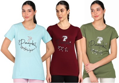 Paavki Printed Women Round Neck Light Blue, Maroon, Green T-Shirt