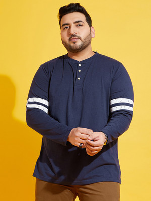 bigbanana Solid Men Henley Neck Dark Blue T-Shirt