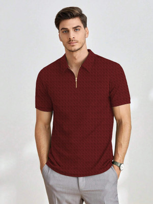 TEMUK Self Design Men Polo Neck Maroon T-Shirt