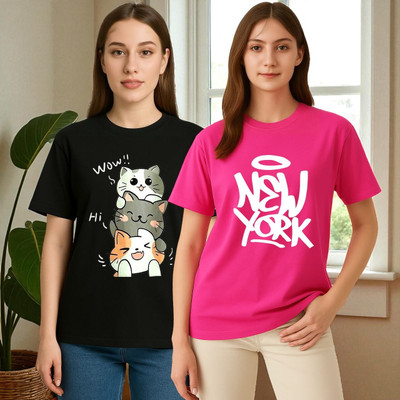 Elvia Graphic Print Women Round Neck Black, Red T-Shirt