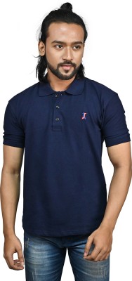 Jacob Louis Solid Men Polo Neck Navy Blue T-Shirt