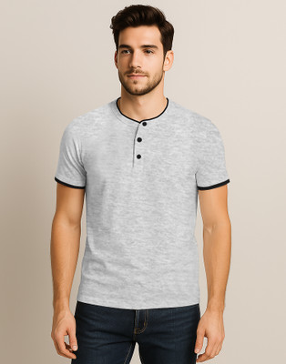 KEESOR Solid Men Mandarin Collar Grey T-Shirt