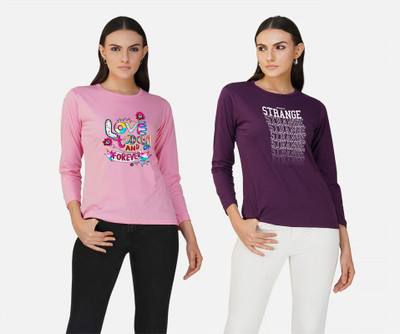 CHOZI Printed Women Round Neck Pink, Purple T-Shirt