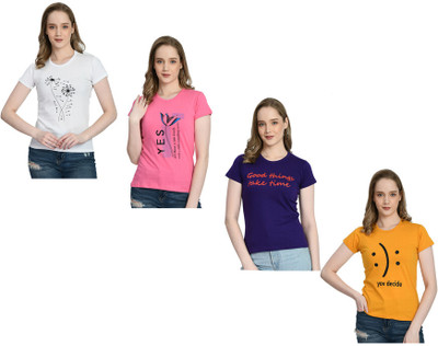 IndiWeaves Printed Women Round Neck White, Purple, Yellow T-Shirt