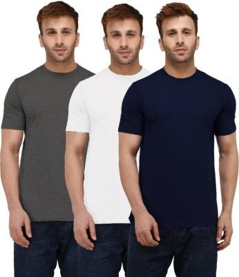 TAZO Solid Men Round Neck Grey, White, Dark Blue T-Shirt