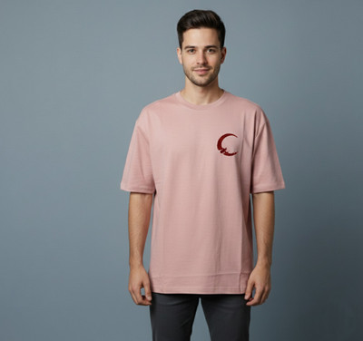 AmbroHub Embroidered Men Crew Neck Pink T-Shirt