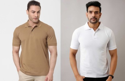 Silver Swan Solid Men Polo Neck Beige, White T-Shirt