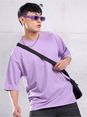 LazyChunks Solid Men Round Neck Purple T-Shirt