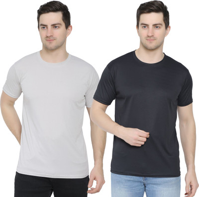 YUALIN CREATION Solid Men Crew Neck Black, Grey T-Shirt