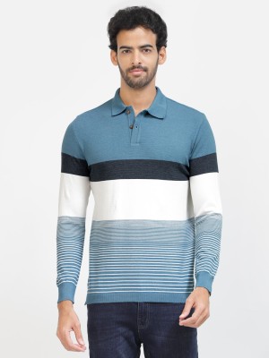 KALT Striped Men Polo Neck Blue T-Shirt