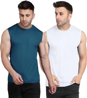 Think Tech Solid Men Round Neck Blue, White T-Shirt