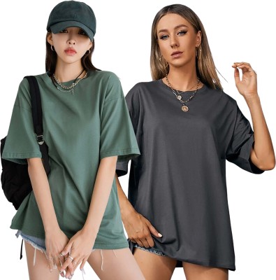 London Hills Solid Women Round Neck Green, Grey T-Shirt