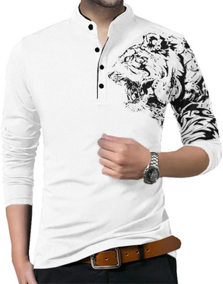 nitfashion Graphic Print Men Mandarin Collar Silver T-Shirt