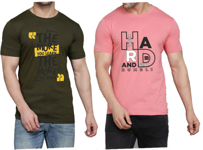 WOOSTRO Typography Men Round Neck Dark Green, Pink T-Shirt