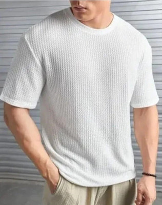 Makkar Self Design Men Round Neck White T-Shirt
