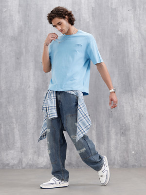 WROGN Washed Men Crew Neck Blue T-Shirt