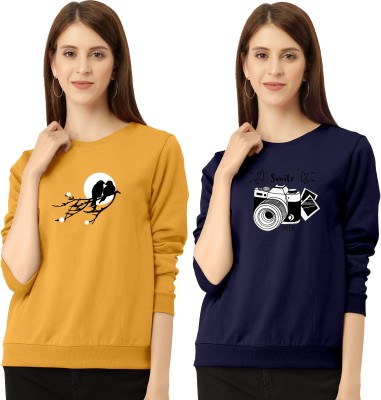 ZentWorld Printed Women Round Neck Yellow, Navy Blue T-Shirt