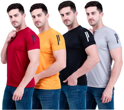 OCTOVEEJ Solid, Striped Men Round Neck Multicolor T-Shirt