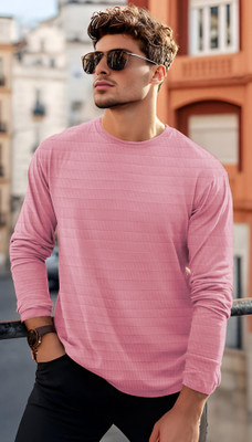 VCANEE Striped Men Round Neck Pink T-Shirt