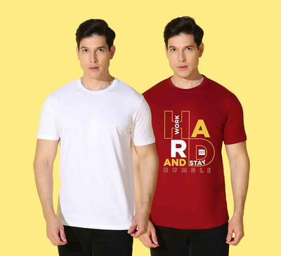 WOOSTRO Solid, Printed Men Round Neck White, Red T-Shirt