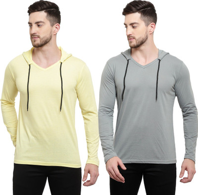 Adorbs Trend Solid Men Hooded Neck Yellow, Grey T-Shirt