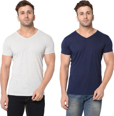 Adorbs Trend Solid Men V Neck Dark Blue, Grey T-Shirt