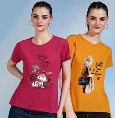 METRONAUT Printed Women Round Neck Pink, Yellow T-Shirt
