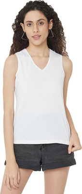 Saabra Solid Women V Neck White T-Shirt