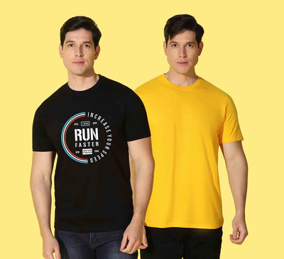 WOOSTRO Printed Men Round Neck Black, Yellow T-Shirt