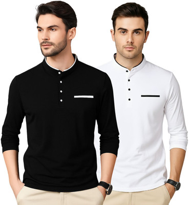 PEAK MOUNT Solid Men Mandarin Collar Black, White T-Shirt