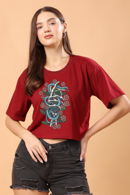 CORSICA Printed Women Round Neck Maroon T-Shirt