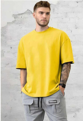 etsun Solid Men Round Neck Yellow T-Shirt