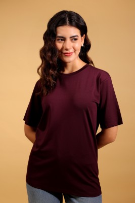 BEOM Solid Women Round Neck Maroon T-Shirt