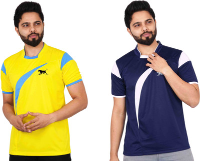 La Milano Colorblock Men Mandarin Collar Navy Blue T-Shirt