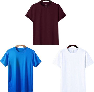 TTFE Solid Men Round Neck Maroon, Blue, White T-Shirt
