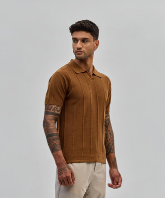 Snitch Self Design Men Polo Neck Brown T-Shirt