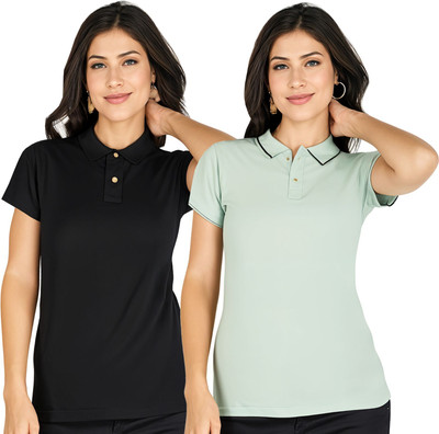 SHAUN Solid Women Polo Neck Multicolor T-Shirt