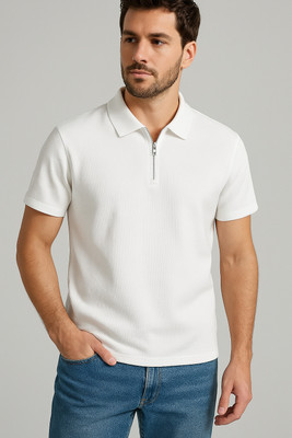 Paralians Self Design Men Zip Neck White T-Shirt