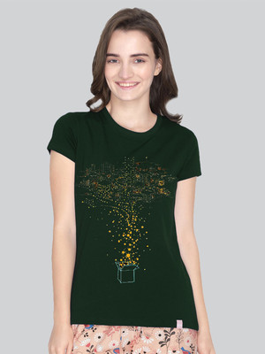 Lyra Graphic Print Women Round Neck Dark Green T-Shirt