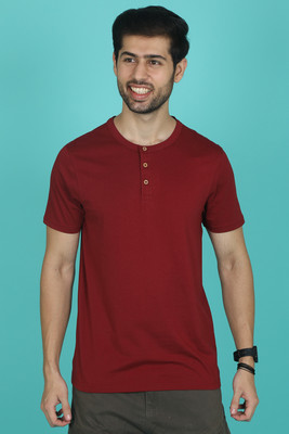 Hopping Deer on Redline Solid Men Henley Neck Red T-Shirt