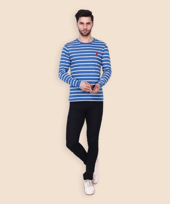 U.S. POLO ASSN. Striped Men Round Neck Blue T-Shirt