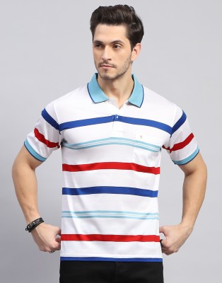 MONTE CARLO Striped Men Polo Neck White T-Shirt